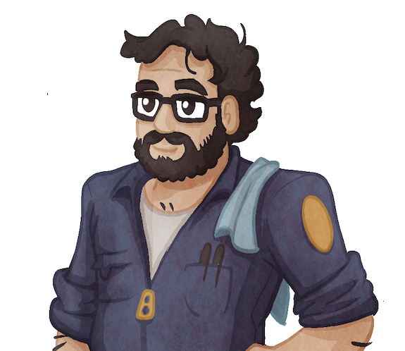 Alberto's mechanic OC, wearing black glasses and a navy coverall