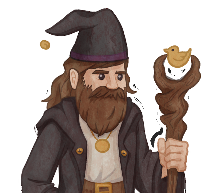 Joe's wizard OC, wearing a charcoal hat and a long brown beard